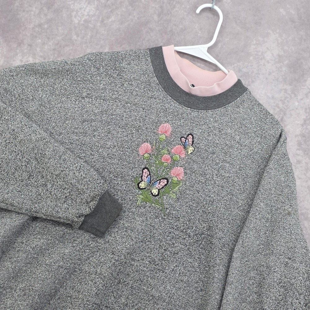 Vintage Gray Embroidered Sweatshirt BonWorth Butterfly Floral Double Collar XL